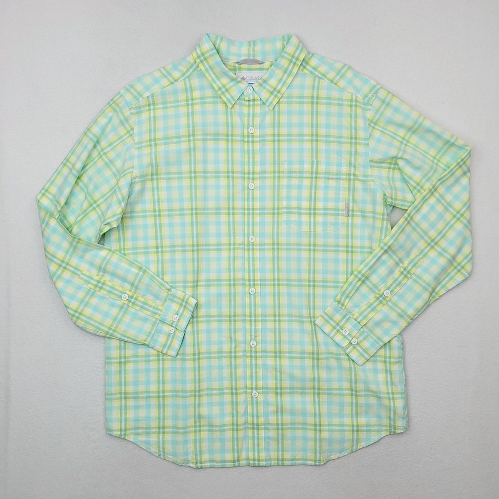 Columbia Shirt Mens Large Yellow Teal Plaid Button Up Relaxed Fit Colorful